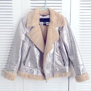 Tommy Hilfiger Metallic Silver Faux Cracked Leather Shearling Coat Jacket